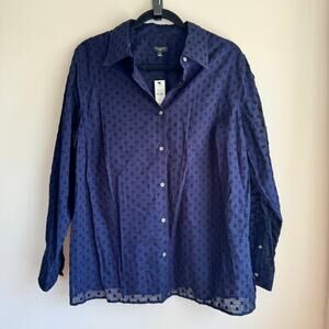 New Talbots Embroidered Button Front Shirt Top Blue Collared Long Sleeve Sz 1X